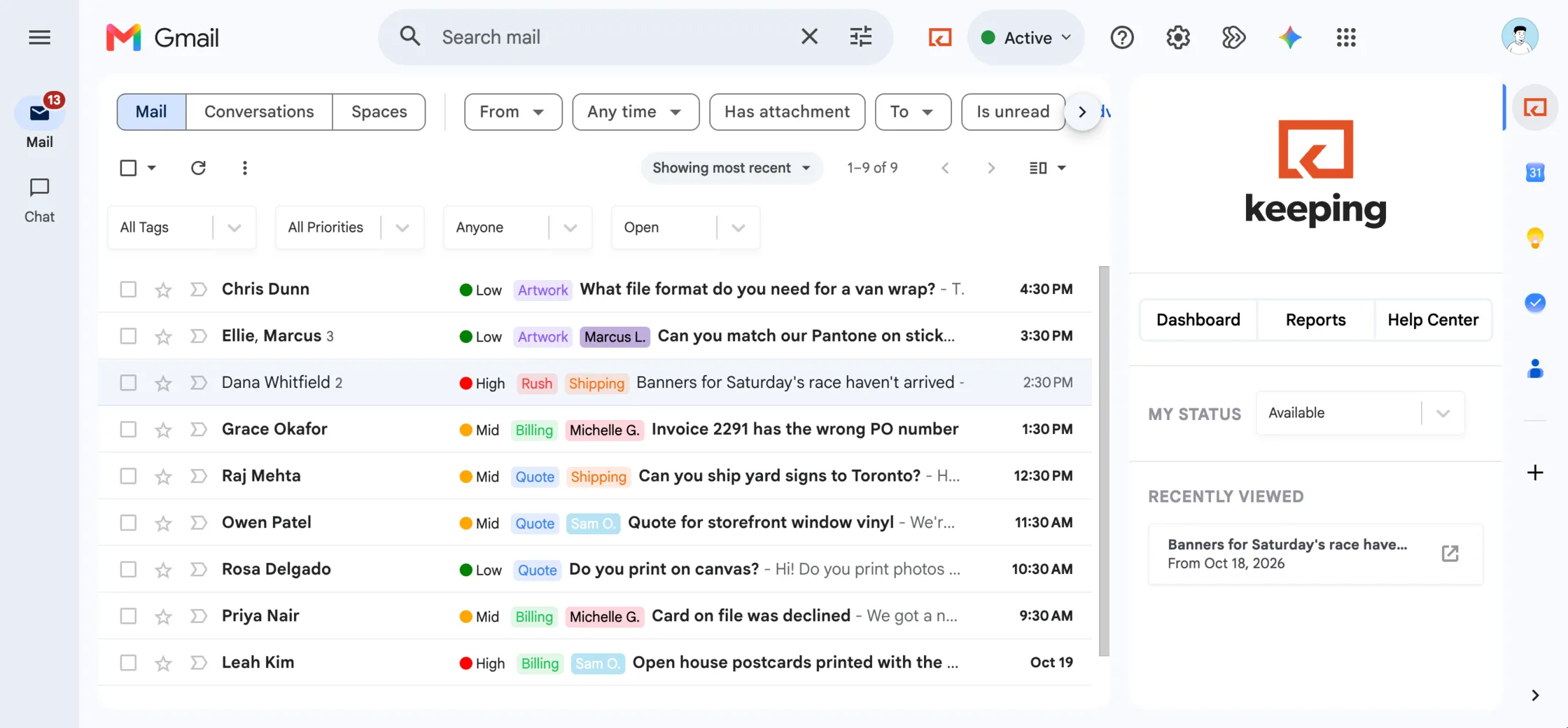 Gmail showing a shared support inbox with Keeping: each email has a priority, tags and an owner.