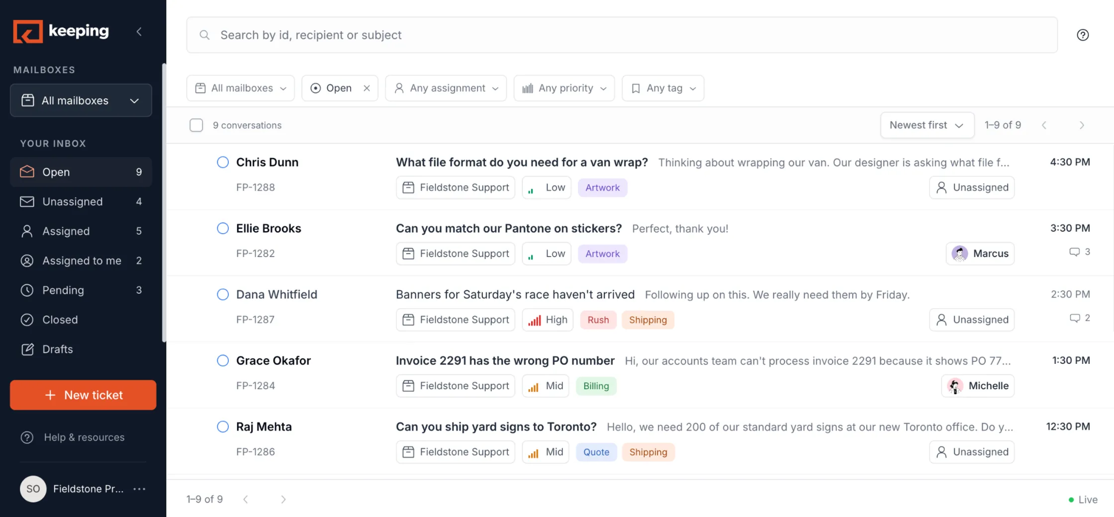 The Keeping app listing open tickets with mailbox, priority, tags and the teammate who owns each one.