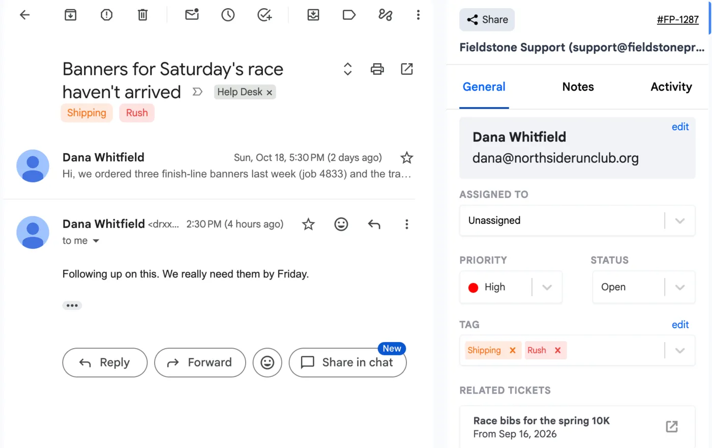A customer email open in Gmail with Keeping’s sidebar showing its owner, priority, status and tags.