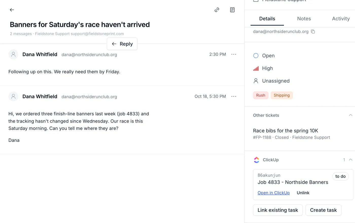 A ticket in the Keeping app: a ClickUp task is created from the ticket and shown linked beside the conversation.