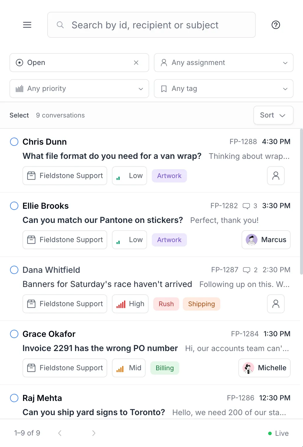 The Keeping app on a phone, listing open tickets.