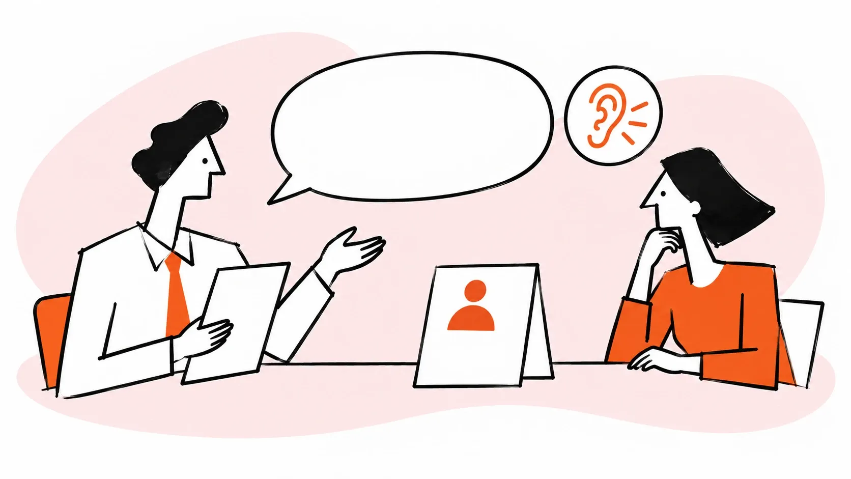 An interviewer listens to a customer service candidate.