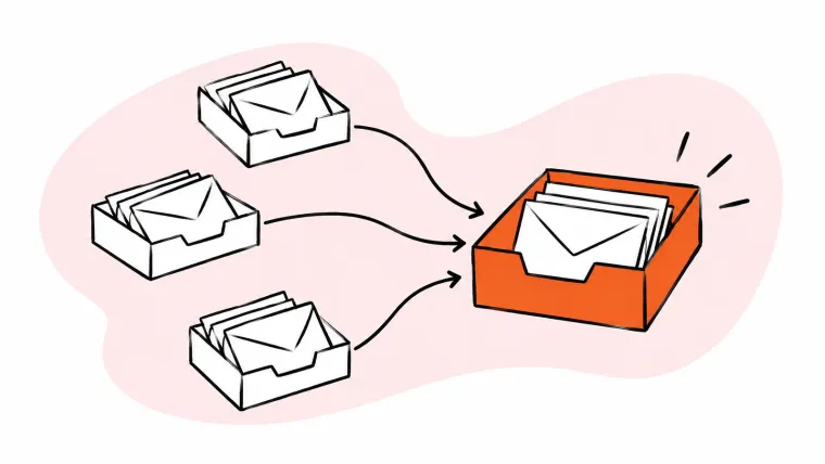Three separate mail trays feed into one shared orange inbox.