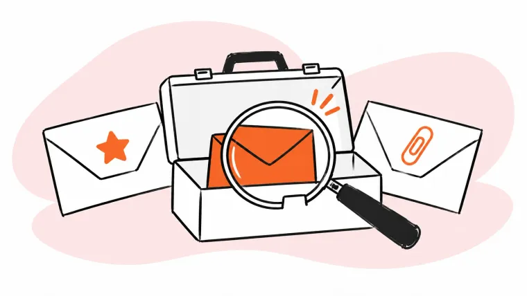 A magnifying glass examines an orange envelope in a tool case beside star-marked and attachment-marked alternatives.