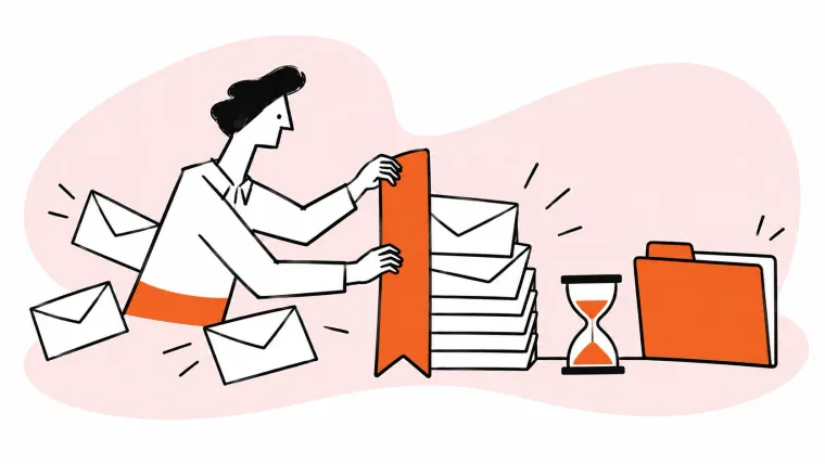A person gathers loose envelopes into a neat stack with an orange divider beside an hourglass and folder.