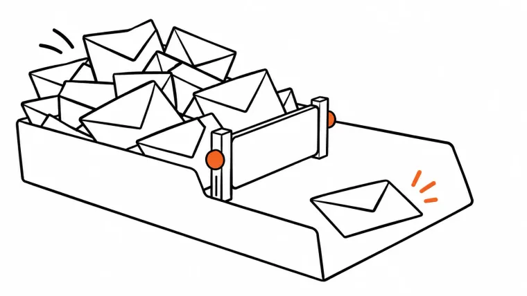 A gate holds back a pile of envelopes while one message passes into a clear inbox tray.