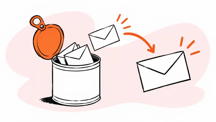Reusable email replies emerge from an open tin can and follow an arrow toward an outgoing envelope.