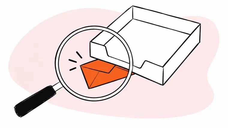An orange envelope beneath an inbox tray, revealed by a magnifying glass.