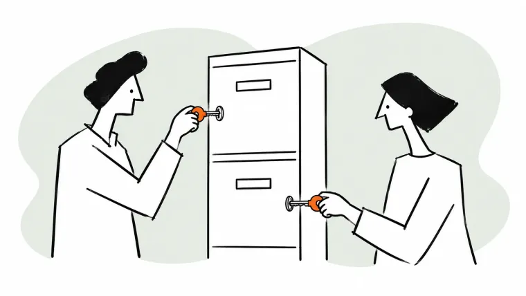 Two teammates use separate keys to access a shared filing cabinet.