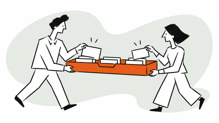 Two teammates carry one orange inbox tray while handling separate messages.