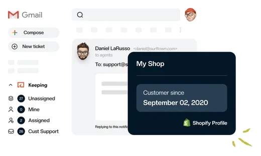 A Shopify order shown beside a customer email in Gmail