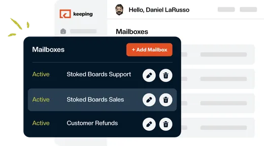 Several shared mailboxes listed together in the Keeping sidebar