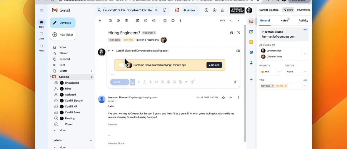 The Keeping sidebar open beside a support email in Gmail